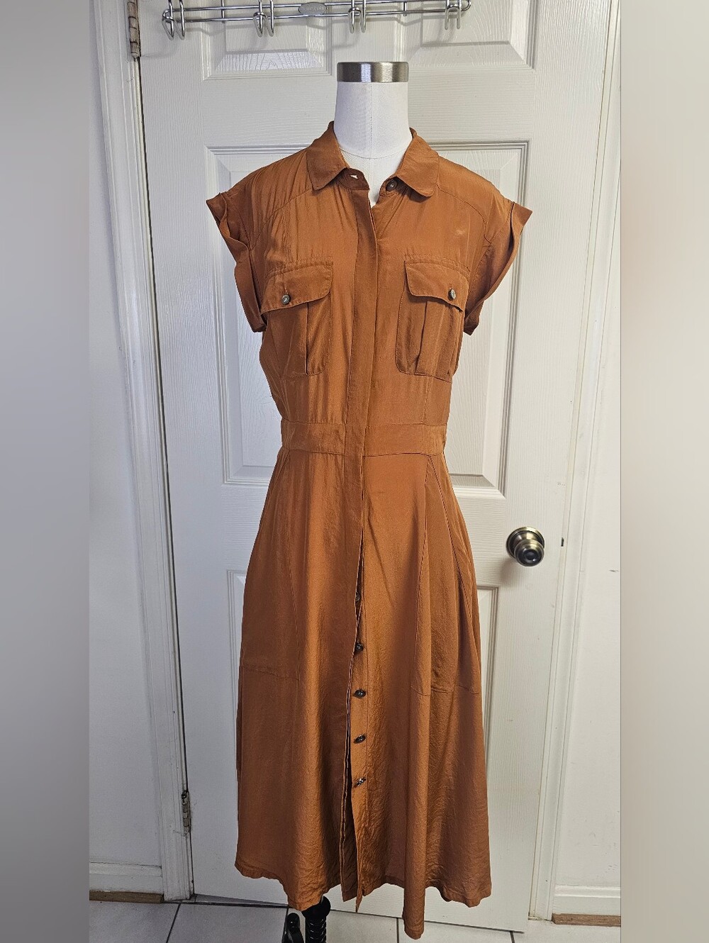 Broadway & Broome Madewell 100% Silk Safari Midi Shirt Dress Rust Orange Size 2
